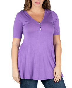 24 �Z�u���R���t�H�[�g ���f�B�[�X �g�b�v�X �V���c �v���X�T�C�Y 24seven Comfort Apparel Plus Size Elbow Sleeve Henley Tunic Top Lilac ���C���b�N