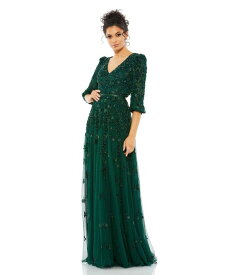 【送料無料】 マックダガル レディース ワンピース トップス Women's Embellished V Neck 3/4 Sleeve A Line Gown Deep emerald