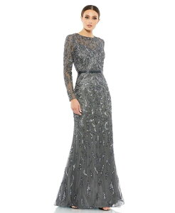 �}�b�N�_�K�� ���f�B�[�X �g�b�v�X �����s�[�X Mac Duggal Women's Beaded Long Sleeve Evening Gown Charcoal �`���R�[��