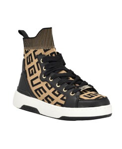 QX fB[X V[Y Xj[J[ [X jbg GUESS Women's Mannen Knit Lace Up Hi Top Fashion Sneakers Medium Brown Logo uE