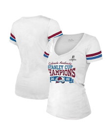 【送料無料】 マジェスティック レディース Tシャツ トップス Women's Threads White Colorado Avalanche 2022 Stanley Cup Champions Striped V-Neck T-shirt White