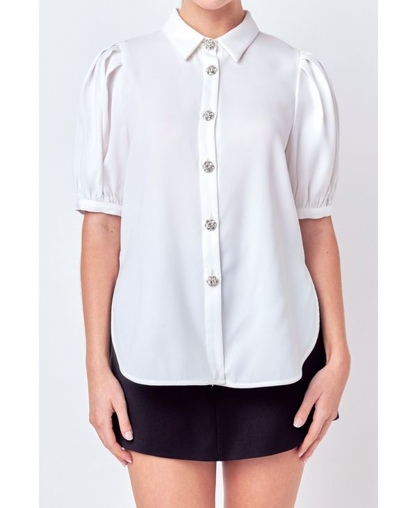  イングリッシュファクトリー レディース シャツ トップス Women's Jewel Button Puff Sleeve Top White