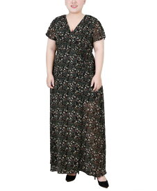 【送料無料】 ニューヨークコレクション レディース ワンピース トップス Plus Size Short Sleeve Tie Closure Wrap Chiffon Maxi Dress Black Ditsy Floral
