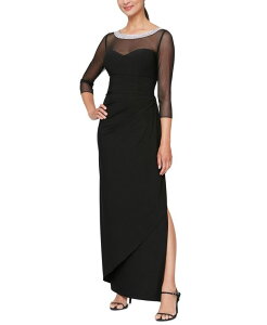 �A���b�N�X�C�u�j���O�X ���f�B�[�X �g�b�v�X �����s�[�X �v�` �t���� Alex Evenings Petite 3/4-Sleeve Illusion Ruffled Gown Black �u���b�N