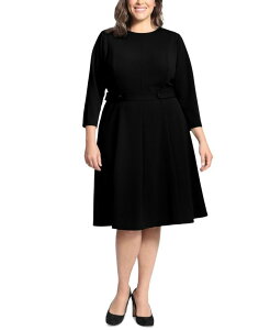 �����h���^�C���X ���f�B�[�X �g�b�v�X �����s�[�X �v���X�T�C�Y London Times Plus Size 3/4-Sleeve Tab-Waist Fit & Flare Dress Black �u���b�N