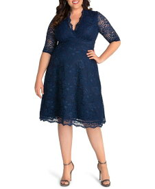 【送料無料】 キヨナ レディース ワンピース トップス Women's Plus Size Mademoiselle Lace Cocktail Dress with Sleeves Navy blue