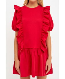 【送料無料】 イングリッシュファクトリー レディース ワンピース トップス Women's Mixed Media Ruffle Detail Mini Dress Cherry red
