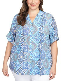 【送料無料】 ルビーアールディー レディース シャツ トップス Plus Size Woodblock Diamond Print Button Front Top Sapphire Blue Multi