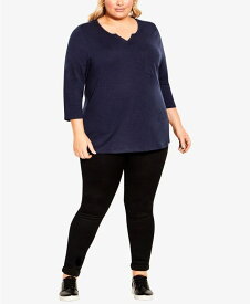 【送料無料】 アベニュー レディース シャツ トップス Plus Size Notch Neck 3/4 Sleeve Plain T-shirt Navy