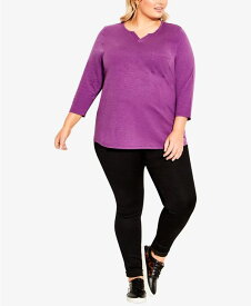 【送料無料】 アベニュー レディース シャツ トップス Plus Size Notch Neck 3/4 Sleeve Plain T-shirt Deep Lilac
