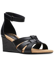 【送料無料】 クラークス レディース サンダル シューズ Women's Kyarra Joy Ankle-Strap Woven Wedge Sandals Black Leather