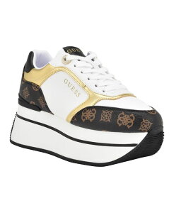 QX fB[X V[Y Xj[J[ vbgtH[ [X GUESS Women's Camrio Casual Double Platform Lace Up Sneakers White/Black Multi Logo zCg