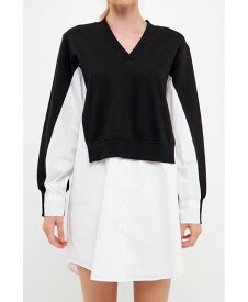【送料無料】 イングリッシュファクトリー レディース ワンピース トップス Women's V-neck Sweatshirts Dress with Poplin Black