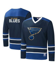 【送料無料】 スターター メンズ Tシャツ トップス Men's Navy Blue St. Louis Blues Cross Check Jersey V-Neck Long Sleeve T-shirt Navy, Blue
