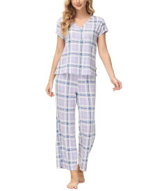 【送料無料】 エコー レディース ナイトウェア アンダーウェア Women's 2 Piece Printed Short Sleeve Henley Top with Wide Pants Pajama Set Plaid Purple