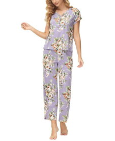 【送料無料】 エコー レディース ナイトウェア アンダーウェア Women's 2 Piece Printed Short Sleeve Henley Top with Wide Pants Pajama Set Savannah Floral