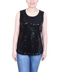 j[[NRNV fB[X gbvX Vc v` XpR[ m[X[u NY Collection Petite Sleeveless Sequined Tank with Combo Banding Top Black ubN