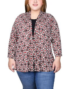�j���[���[�N�R���N�V���� ���f�B�[�X �g�b�v�X �V���c �v���X�T�C�Y �v�����g NY Collection Plus Size Puff Print 3/4 Sleeve 2-Fer Top Jester Red Ivory Geo �A�C�{���[