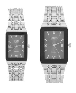 �W���[���Y�j���[���[�N ���f�B�[�X �A�N�Z�T���[ �r���v Jones New York Men and Women's Analog Shiny Silver-Tone Metal Bracelet His Hers Watch 40mm 32mm Gift Set Black Silver �u���b�N