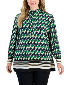 【送料無料】 アンクライン レディース シャツ ブラウス トップス Plus Size Geo-Print Covered-Placket Poet Blouse Emerald Mint Multi