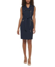 【送料無料】 カルバンクライン レディース ワンピース トップス Women's Moto Belted Sleeveless Sheath Dress Indigo