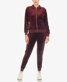 【送料無料】 ホワイトマーク レディース ナイトウェア アンダーウェア Women's Faux Leather Stripe Velour 2 Piece Tracksuit Set Burgundy