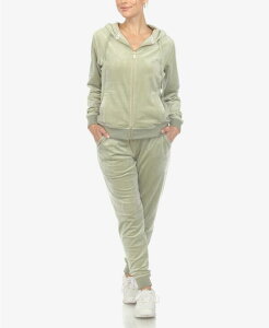 �z���C�g�}�[�N ���f�B�[�X �A���_�[�E�F�A �i�C�g�E�F�A �g���b�N�X�[�c White Mark Women's Velour Tracksuit Loungewear 2pc Set Sage �Z�[�W