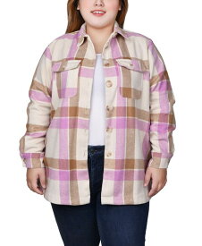 【送料無料】 ニューヨークコレクション レディース ジャケット・ブルゾン アウター Plus Size Long Sleeve Twill Shirt Jacket Pink White Plaid