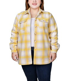 【送料無料】 ニューヨークコレクション レディース ジャケット・ブルゾン アウター Plus Size Long Sleeve Twill Shirt Jacket Yellow White Plaid