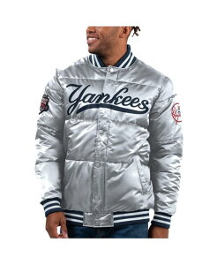 X^[^[ Y AE^[ WPbgEu] Te WPbg Starter Men's Silver New York Yankees Bronx Satin Full-Snap Varsity Bomber Jacket Silver Vo[