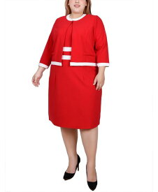 【送料無料】 ニューヨークコレクション レディース ワンピース トップス Plus Size Elbow Sleeve Colorblocked Dress 2 Piece Set Fire Red White