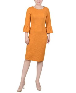 j[[NRNV fB[X gbvX s[X NY Collection Women's 3/4 Length Imitation Pearl Detail Dress Mustard }X^[h
