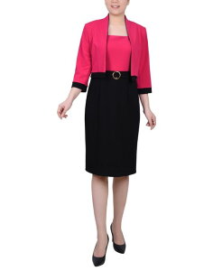 �j���[���[�N�R���N�V���� ���f�B�[�X �g�b�v�X �����s�[�X �J���[�u���b�N NY Collection Women's 3/4 Sleeve Colorblocked Dress 2 Piece Set Black Pink �u���b�N