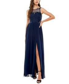 【送料無料】 シティー スタジオ レディース ワンピース トップス Juniors' Embellished Illusion Tulip Gown Bright Navy