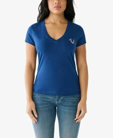 【送料無料】 トゥルーレリジョン レディース シャツ トップス Women's Short Sleeve Foil Horseshoe V-neck T-shirt Estate Blue