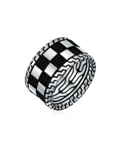 【送料無料】 ブリング メンズ リング アクセサリー Men's Inside Out Design Two Tone Black Silver Geometric Check Board Squares Chess Ring Band For Men Heavy Solid .925 Silver Handmade In Turkey Wide 12MM Silver