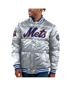 X^[^[ Y AE^[ WPbgEu] Te WPbg Starter Men's Silver New York Mets Bronx Satin Full-Snap Varsity Bomber Jacket Silver Vo[