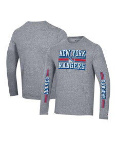 【送料無料】 チャンピオン メンズ Tシャツ トップス Men's Heather Gray Distressed New York Rangers Tri-Blend Dual-Stripe Long Sleeve T-shirt Heather Gray