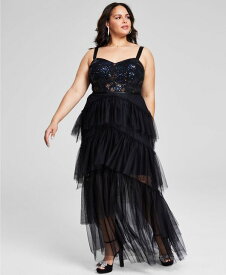 【送料無料】 シティー スタジオ レディース ワンピース トップス Plus Size Sequin Tiered Mesh Gown Black