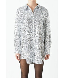 【送料無料】 グレー ラブ レディース ワンピース トップス Women's Sequin Shirt Dress Silver