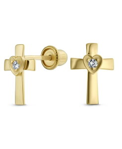 yz uO fB[X sAXECO ANZT[ Tiny Minimalist Religious Christian Catholic CZ Real 14K Gold Screw back Heart Cross Stud Earrings For Women For Teen Yellow gold