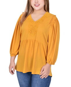 �j���[���[�N�R���N�V���� ���f�B�[�X �g�b�v�X �V���c �v���X�T�C�Y �j�b�g NY Collection Plus Size 3/4 Sleeve Knit Gauze Top Golden Glow