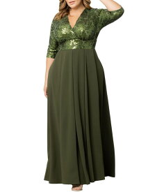 【送料無料】 キヨナ レディース ワンピース トップス Women's Plus Size Paris Pleated Sequin Gown Olive green