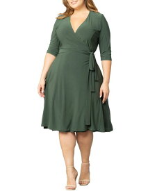 【送料無料】 キヨナ レディース ワンピース トップス Plus Size Essential Wrap Dress with 3/4 Sleeves Olive green