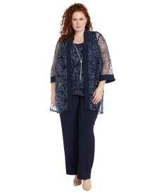 【送料無料】 アールアンドエムリチャーズ レディース ワンピース トップス Plus Size Lace Jacket Top & Pull-On Pants Navy/Silver