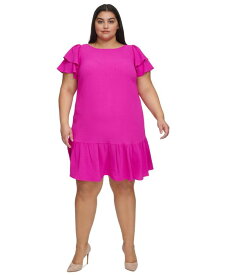 【送料無料】 ダナ キャラン ニューヨーク レディース ワンピース トップス Plus Size Ruffle Flutter-Sleeve Boat-Neck Dress Power Pink