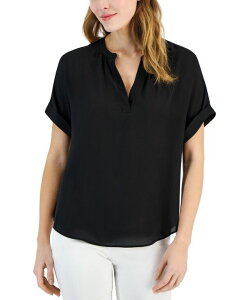 yz eB[E^n fB[X Vc gbvX Women's Split-Neck Rolled-Cuff Top Black