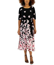 【送料無料】 カスパール レディース ワンピース トップス Women's Elbow-Sleeve Floral-Border Midi Dress Black/Tutu Pink Multi