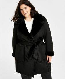 【送料無料】 ダナ キャラン ニューヨーク レディース ジャケット・ブルゾン アウター Women's Plus Size Belted Notched-Collar Faux-Shearling Coat Black