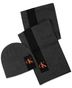 �J���o���N���C�� �����Y �A�N�Z�T���[ �X�q ���S Calvin Klein Men's Silicone CK Monogram Logo Scarf & Beanie Hat Set Gunmetal Heather �w�U�[